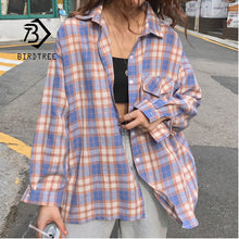 Load image into Gallery viewer, New Arrival Women Vintage Plaid Oversized Blouse Batwing Sleeve Turn Down Collar Purple Shirt Button Up Casual Tops T04001F