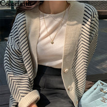 Load image into Gallery viewer, Colorfaith 2020 Women's Knitwear Autumn Winter Striped Casual V-Neck Cardigans Button Cardigan Loose Korean Sweaters SWC3033