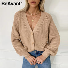 Load image into Gallery viewer, BeAvant Sexy v-neck knitted women cardigan Casual buttons bat sleeve white sweater cardigan Elegant autumn ladies sweaters tops