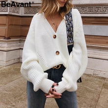 Load image into Gallery viewer, BeAvant Sexy v-neck knitted women cardigan Casual buttons bat sleeve white sweater cardigan Elegant autumn ladies sweaters tops
