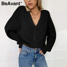 Load image into Gallery viewer, BeAvant Sexy v-neck knitted women cardigan Casual buttons bat sleeve white sweater cardigan Elegant autumn ladies sweaters tops
